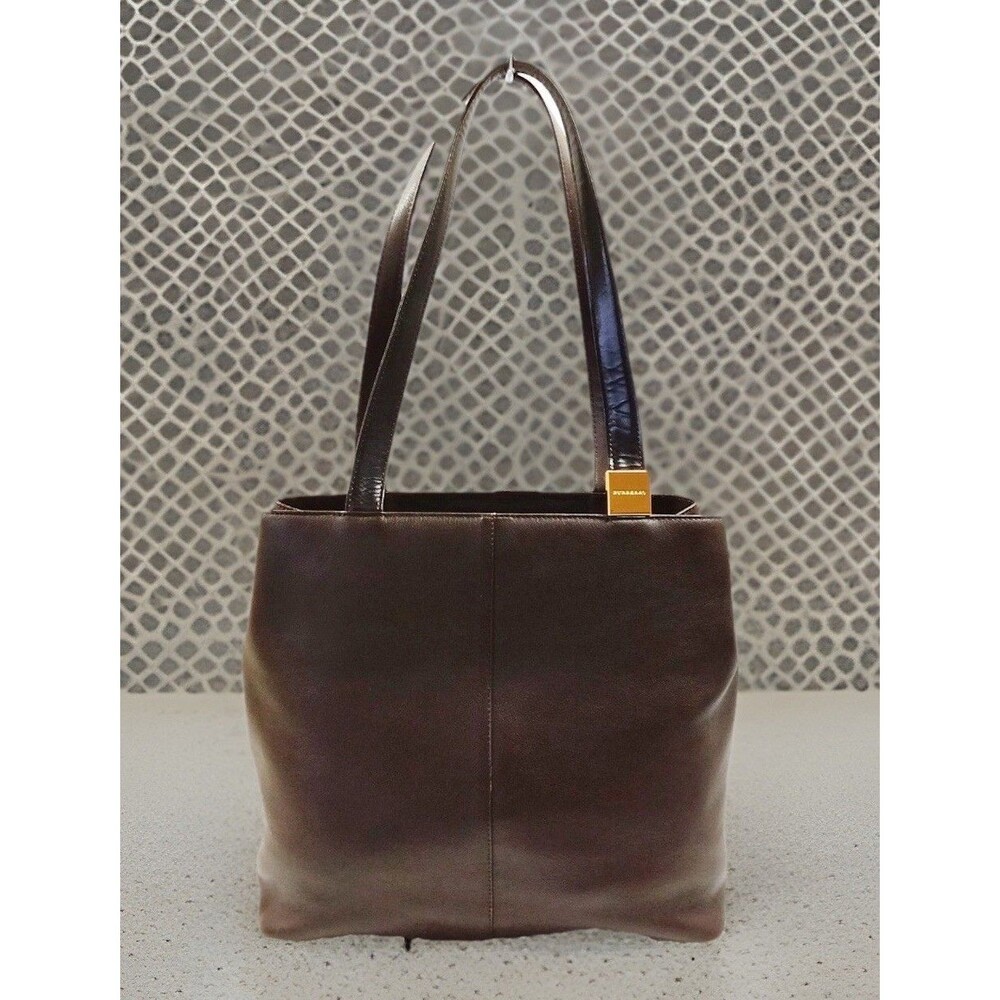 BURBERRY LONDON Tote Bag Brown Leather Gold Metal Logo Good Used Condition